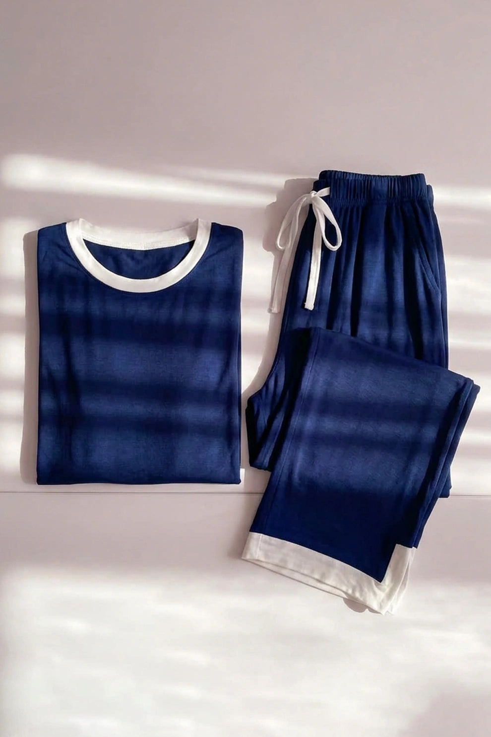 Navy Blue White Round Neck Plazzo PJ Set