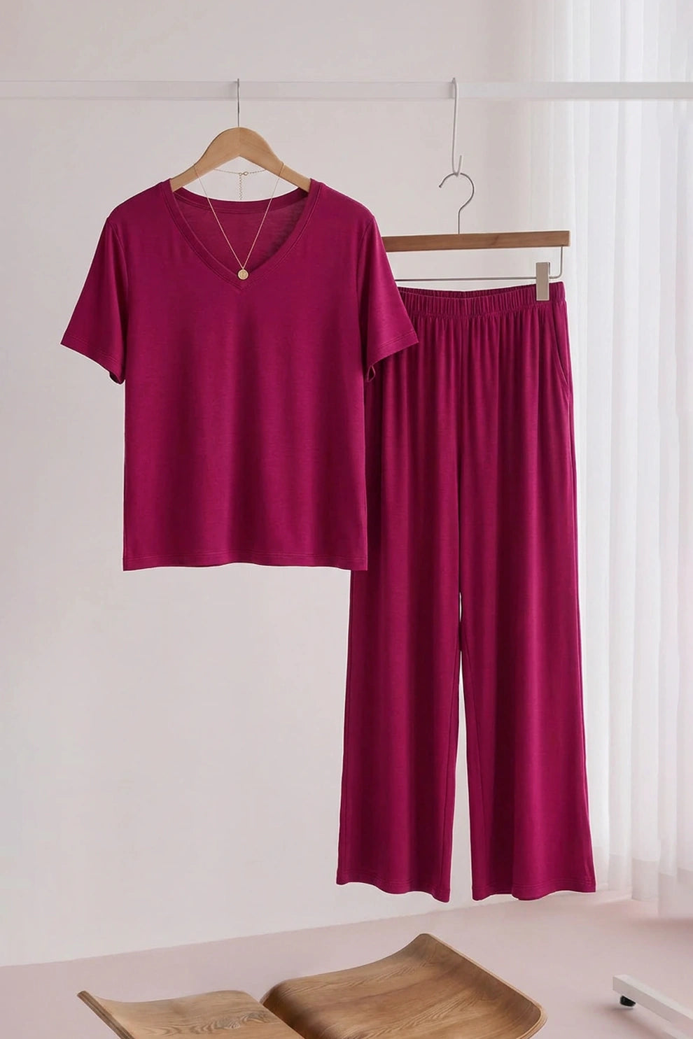 Shocking Pink V Neck Quarter Sleeves with Cut Style Pajama