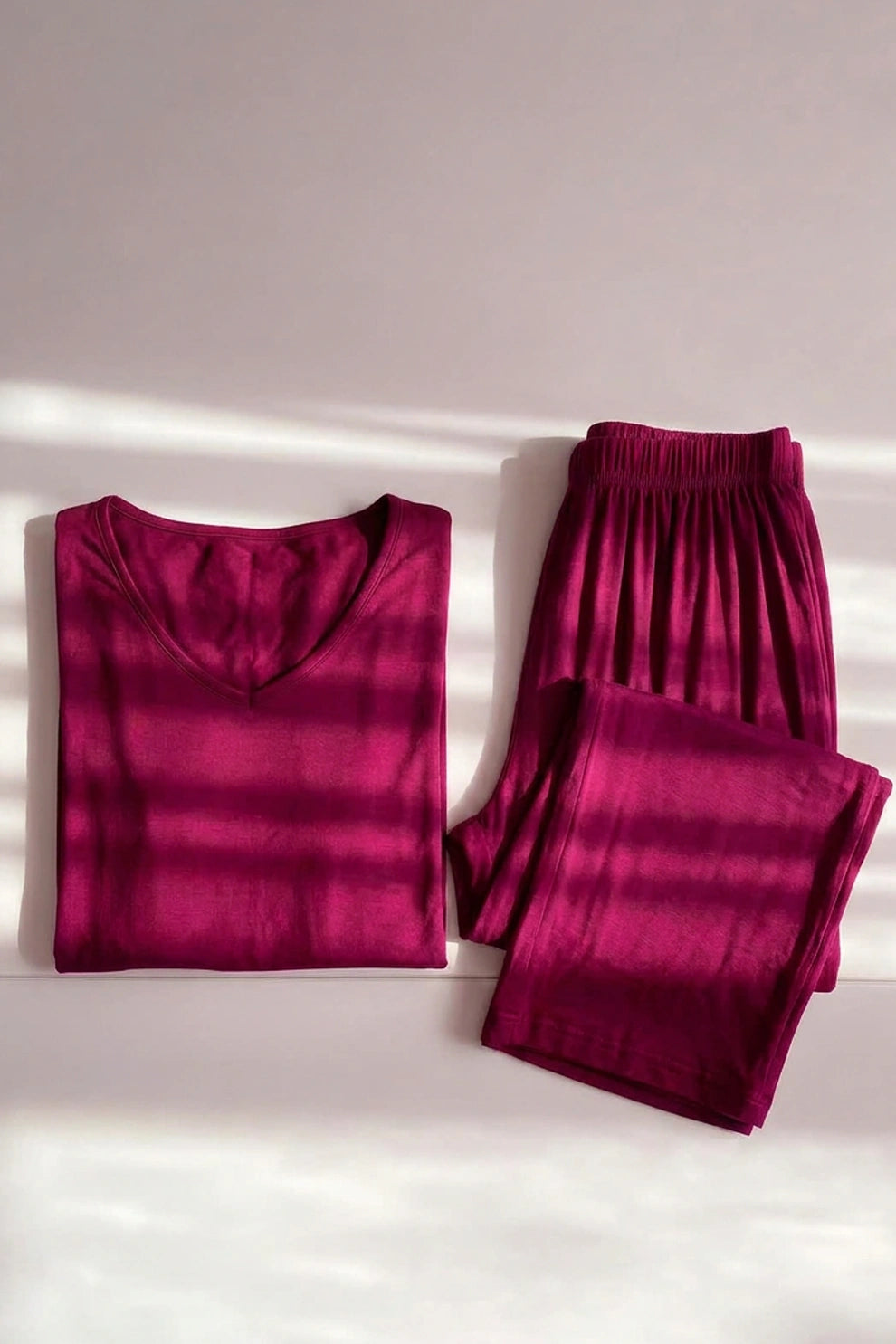 Shocking Pink V Neck Quarter Sleeves with Cut Style Pajama