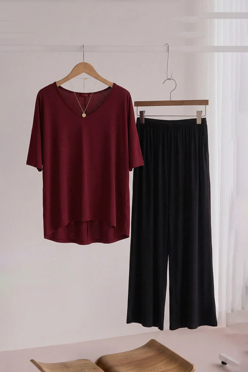 Plain Red V Neck T Shirt with Black Plazzo