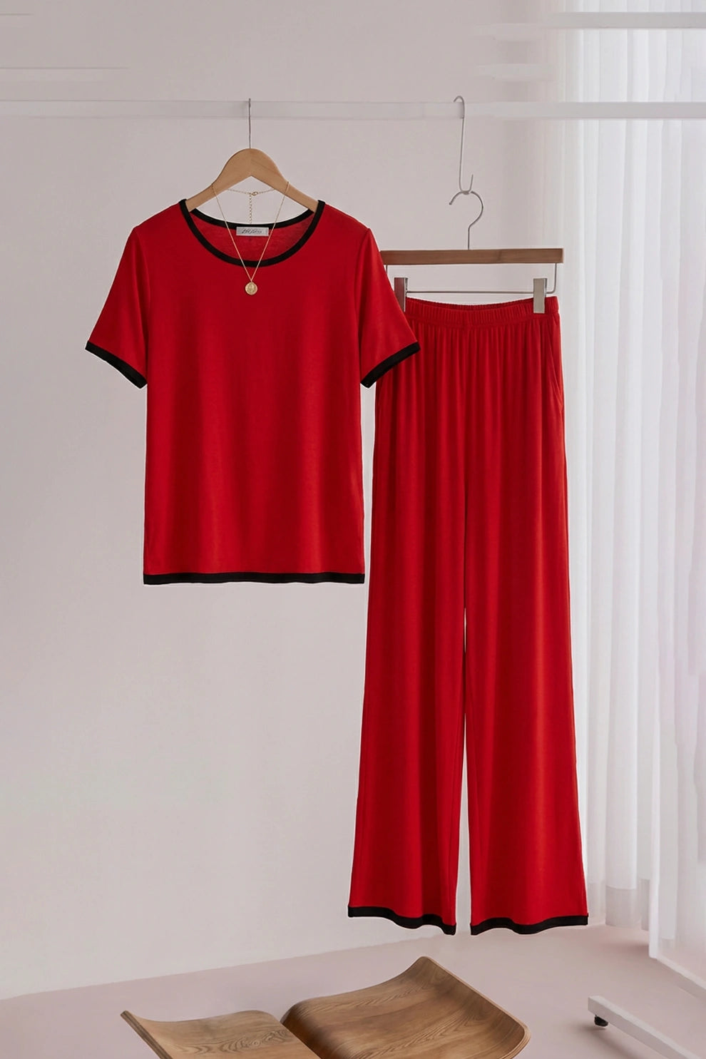 Plain Red Tshirt With Black Round Neck And PLazo Pajama (Half Seeleve)