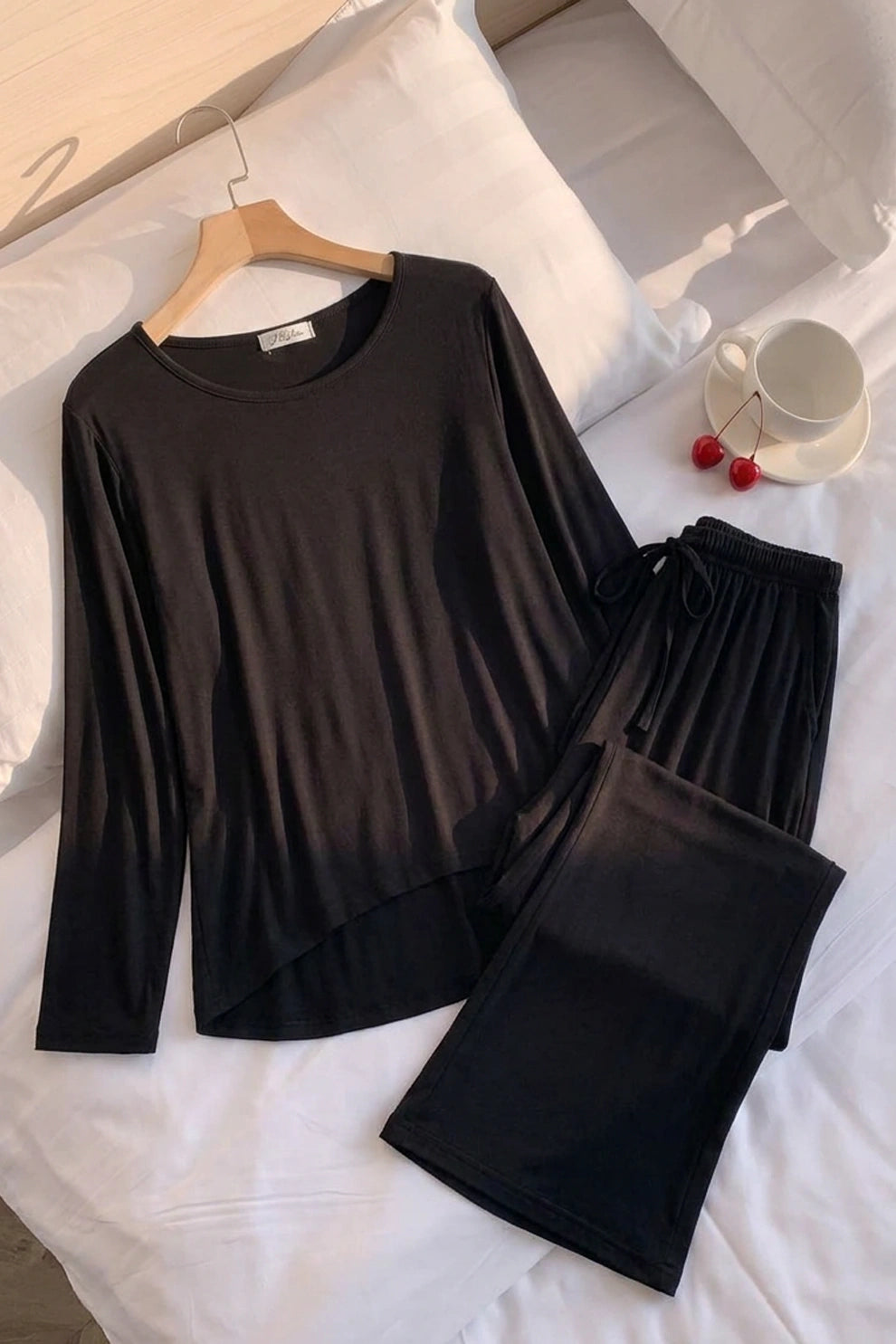 Deep Black Round Neck Plazzo PJ Set