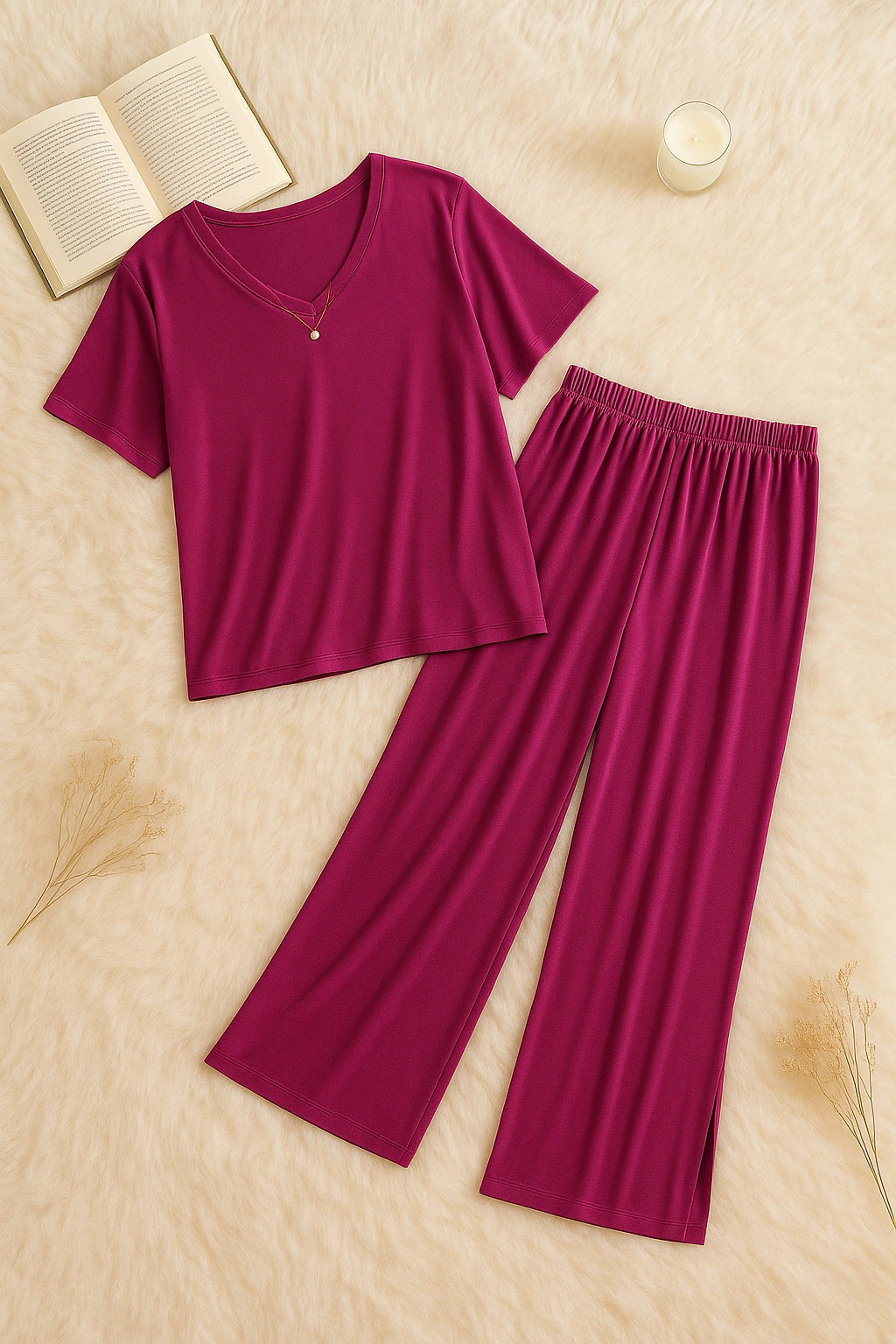 Shocking Pink V Neck Quarter Sleeves with Cut Style Pajama
