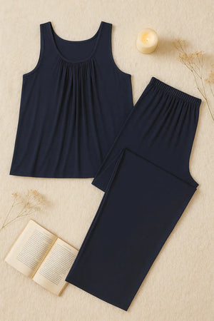 - Plain Dark Blue Sando Tshirt With PLazo Pajama (Half Seleeve)
