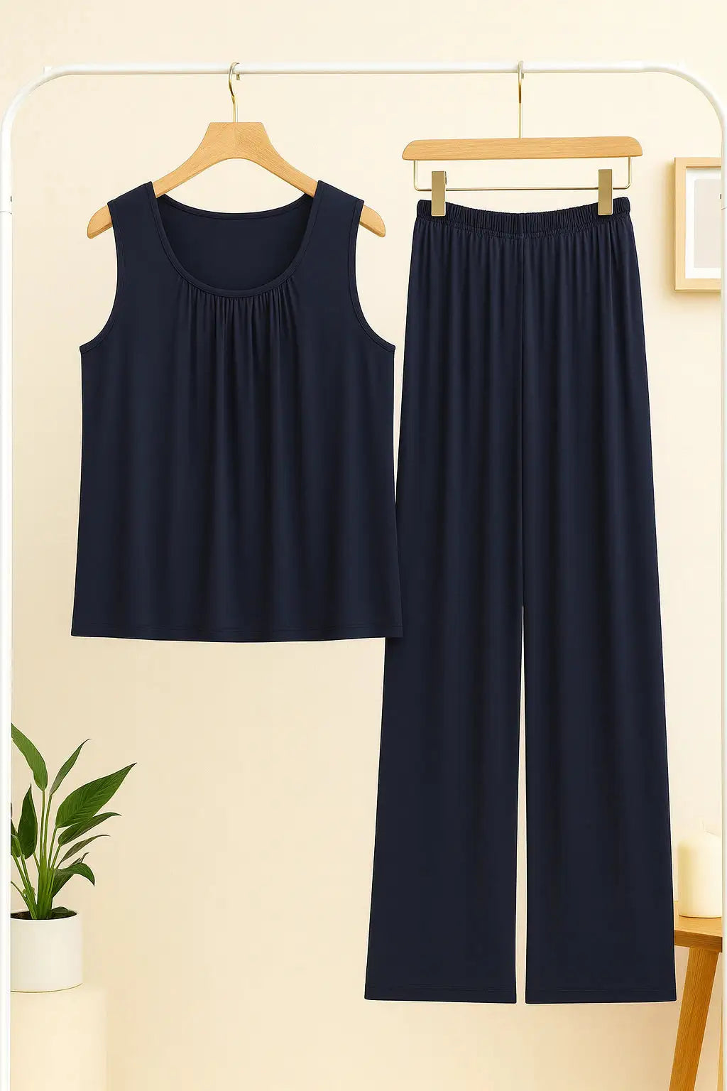 - Plain Dark Blue Sando Tshirt With PLazo Pajama (Half Seleeve)