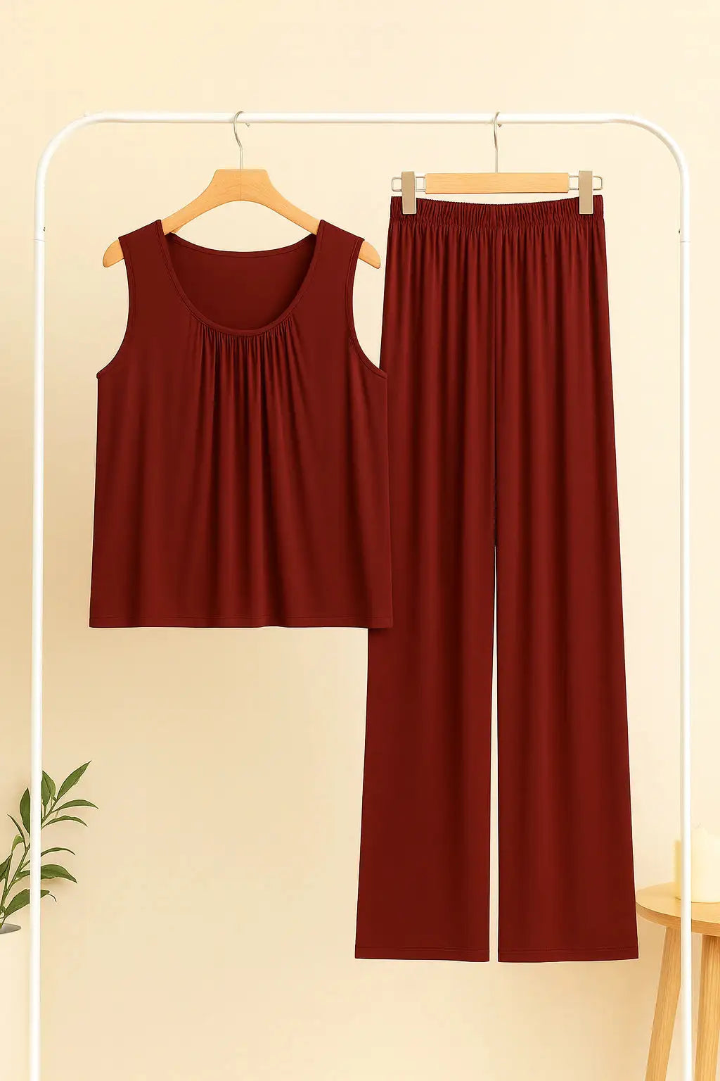- Plain Maroon Sando Tshirt With PLazo Pajama
