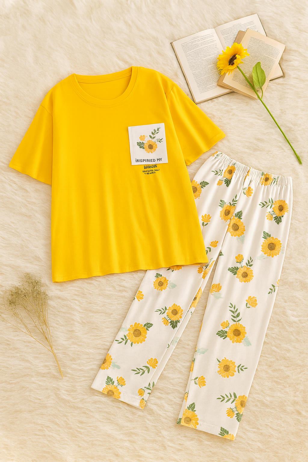 Yellow Flower Printed Pocket Half Sleeves Shirt and White Flower Printed Trouser Night Wear