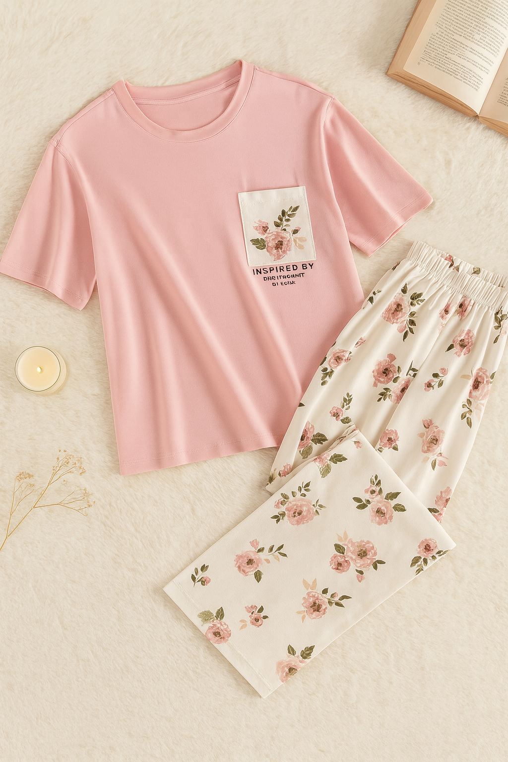 Pink Flower Printed Pocket Half Sleeves Shirt and White Flower Printed Trouser Night Wear