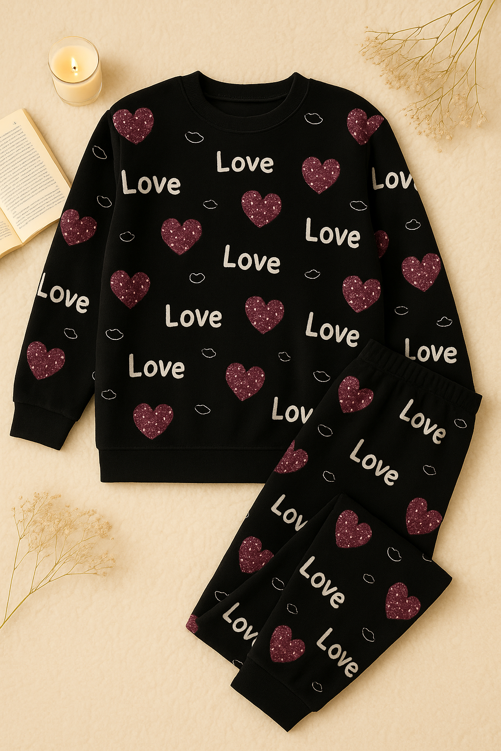Winter Black Love Heart Co-Ord Set Night Suit
