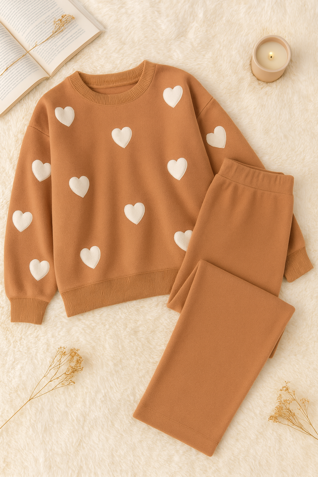 Heart printed warm winter fleece co ord Set - Brown and White