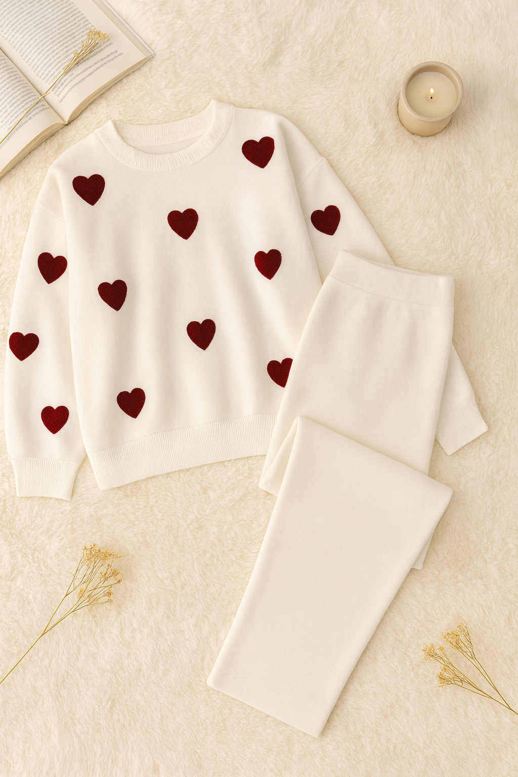 Heart printed warm winter fleece co ord Set - White and Red