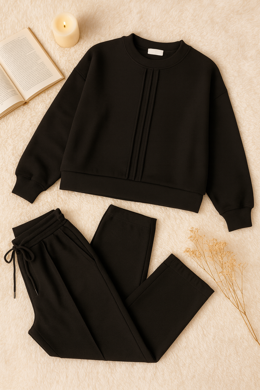 Winter Fleece Co-ords: Stylish Black 2-Piece Set with Cocoon Pants and Sweatshirt