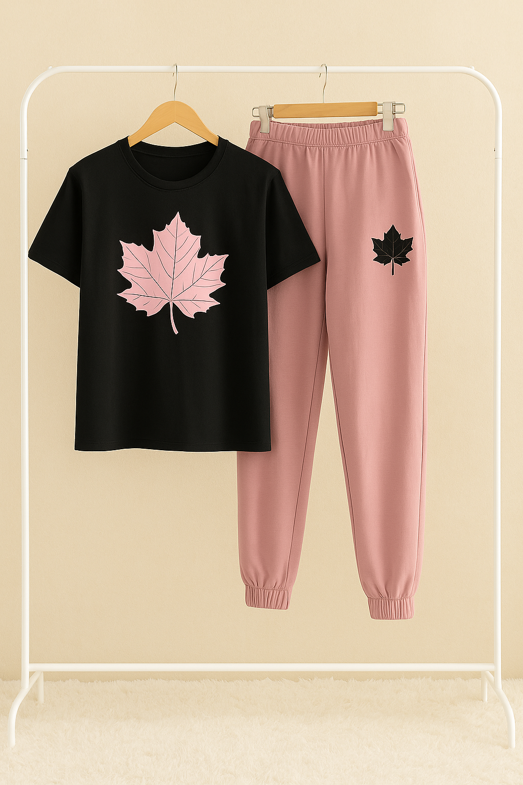 Leaf Printed Black Shirt And Pink Trouser