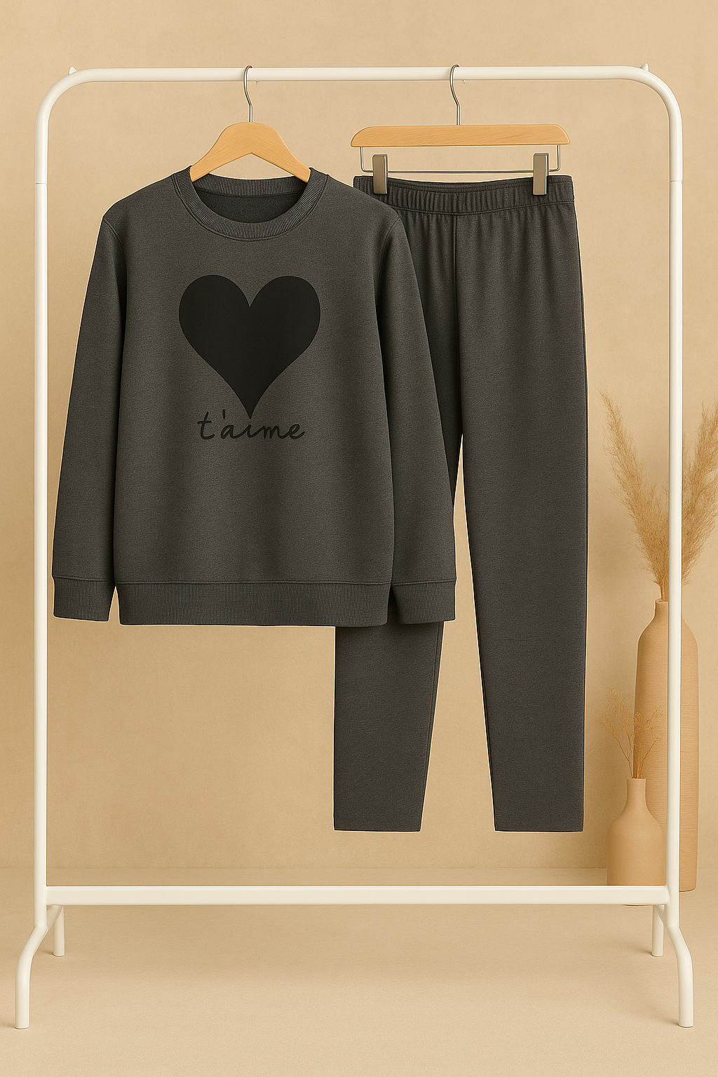 Winter Black Gray Heart Co-Ord Set Night Suit