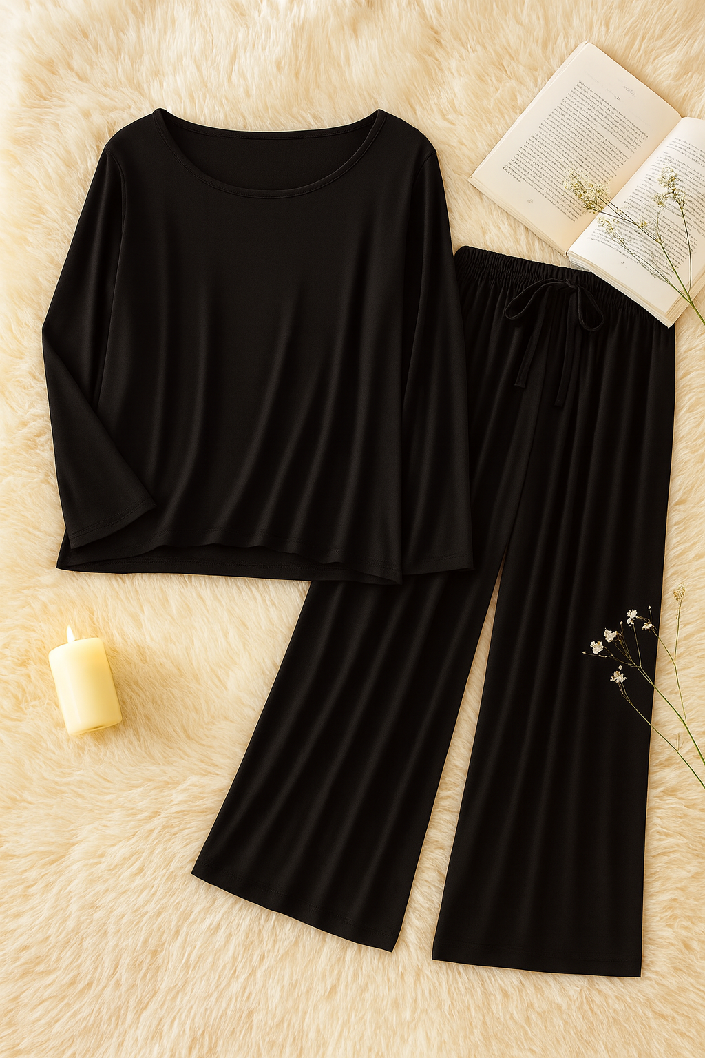 Deep Black Round Neck Plazzo PJ Set