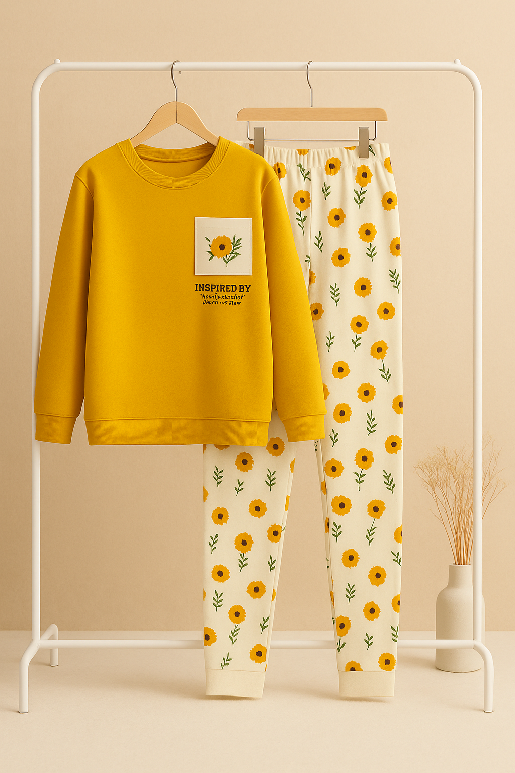 Winter Yellow Flower Co-Ord Set Night Suit