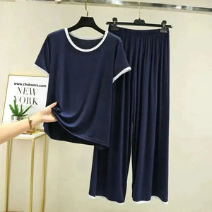 - Plain Blue Tshirt With White Round Neck And PLazo Pajama (Half Seeleve)