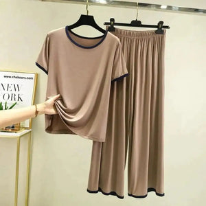 - Plain Coffee Colour Tshirt With Black Round Neck And PLazo Pajama (Half Seeleve)