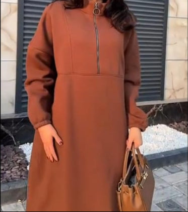 Long Winter Warm Fleece Dress - Brown