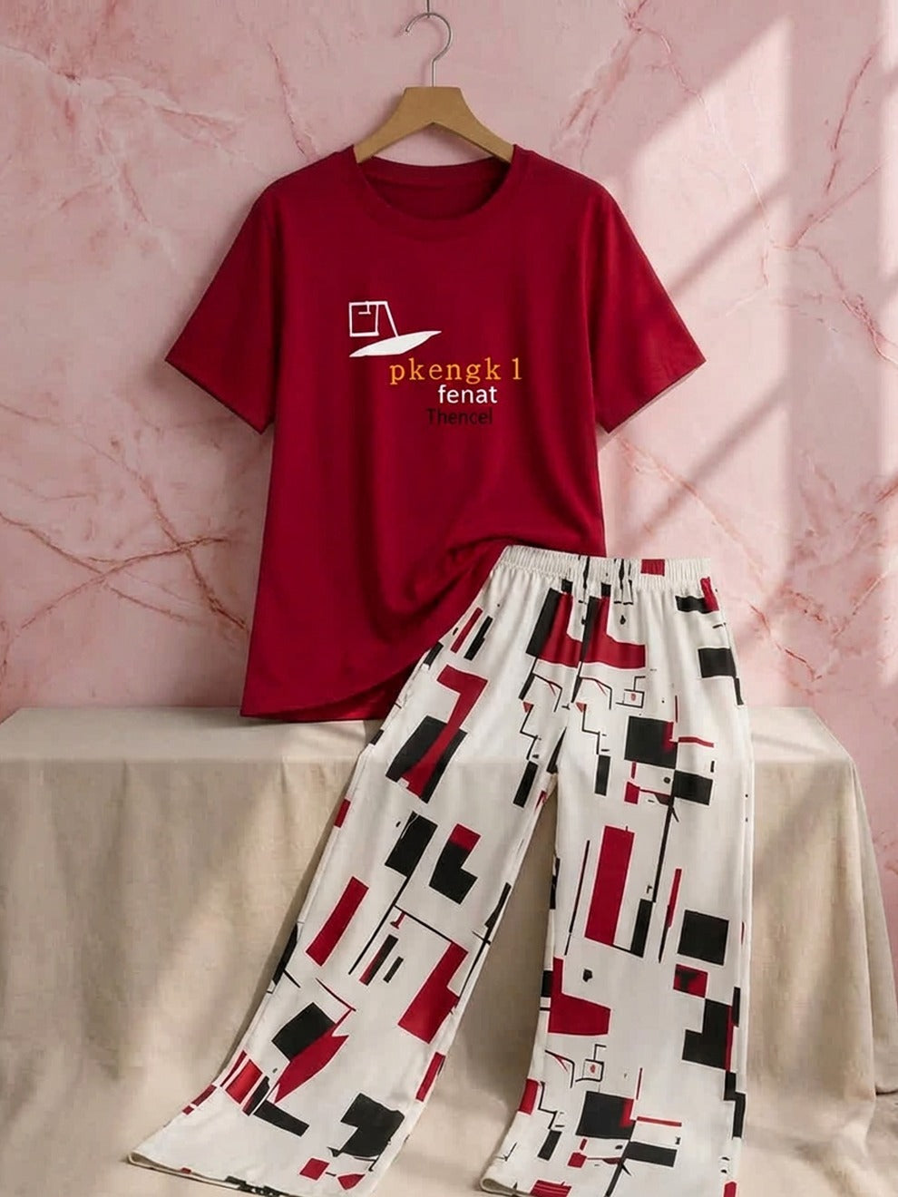 Red Printed Summer Night Suit