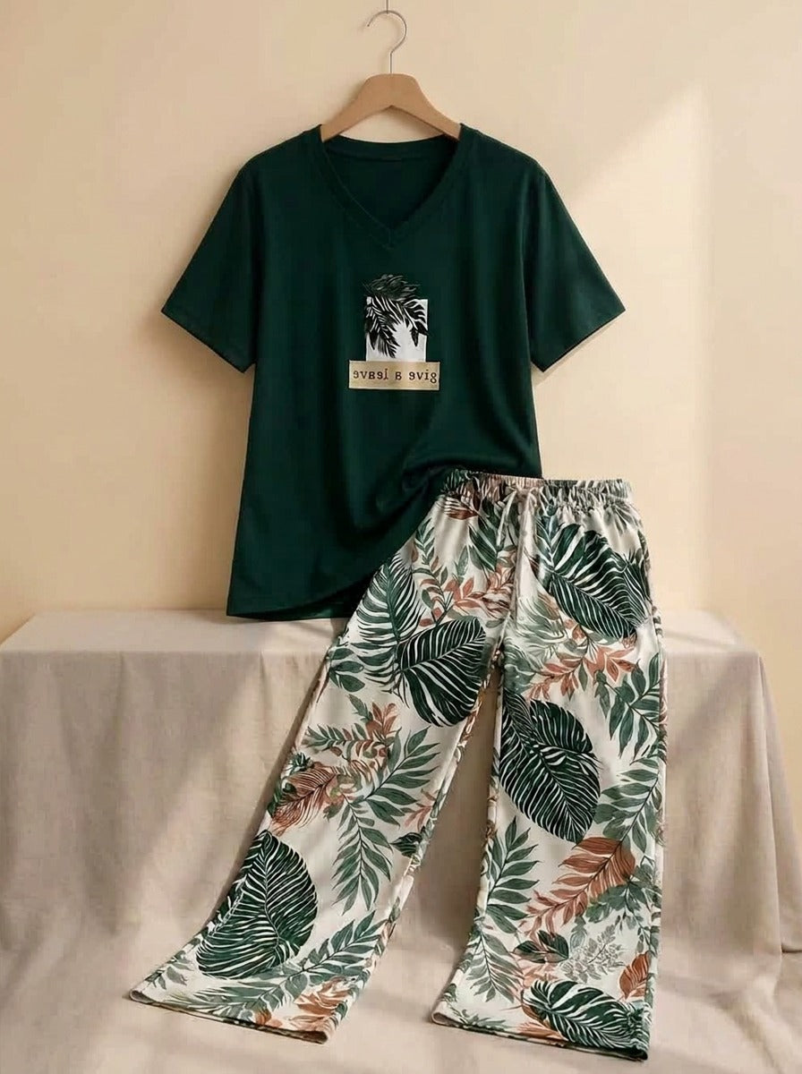 Tropical Leaf Print Night Suit