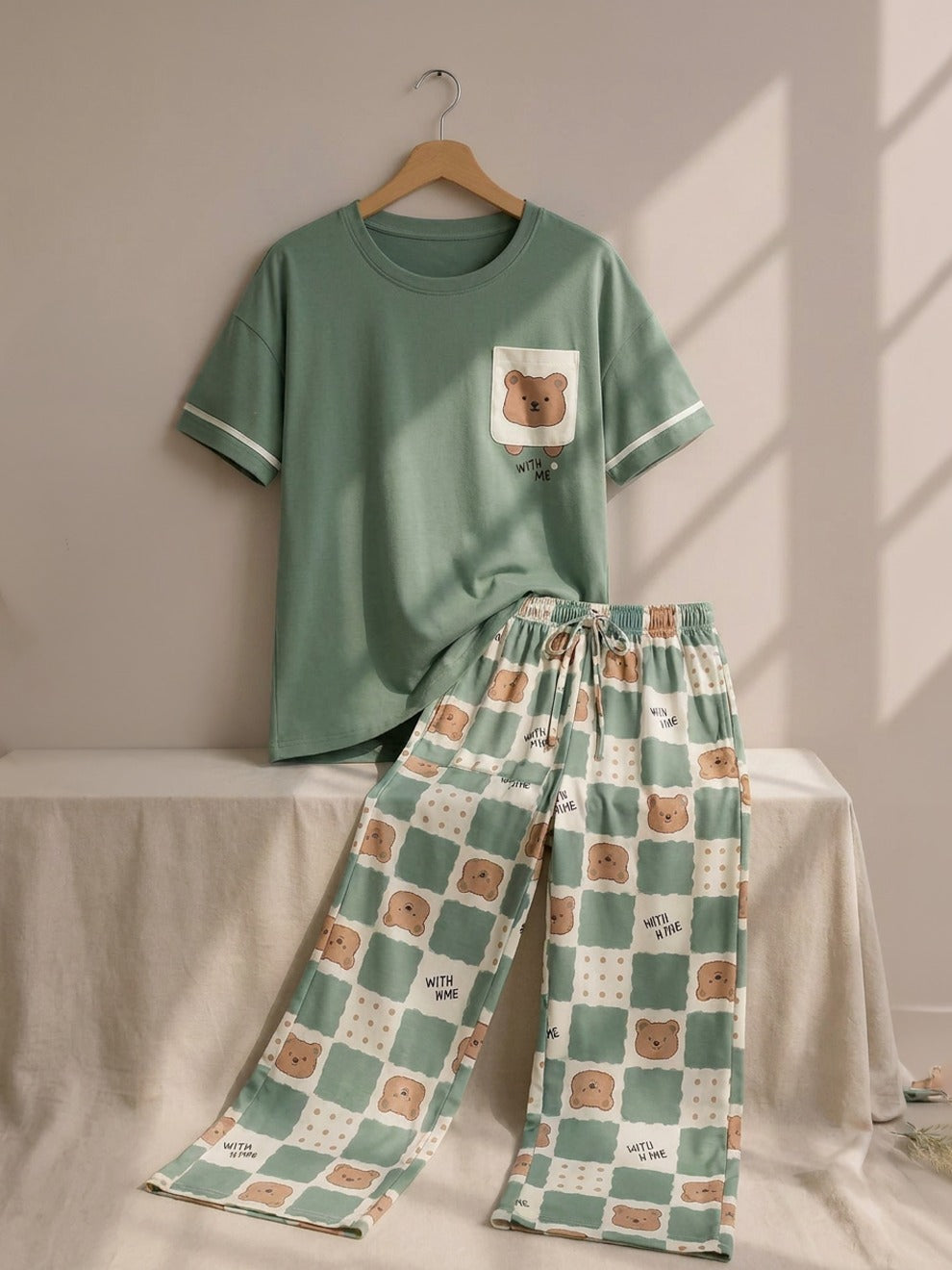Cute Bear Printed 2 Piece Pajama Set for Women