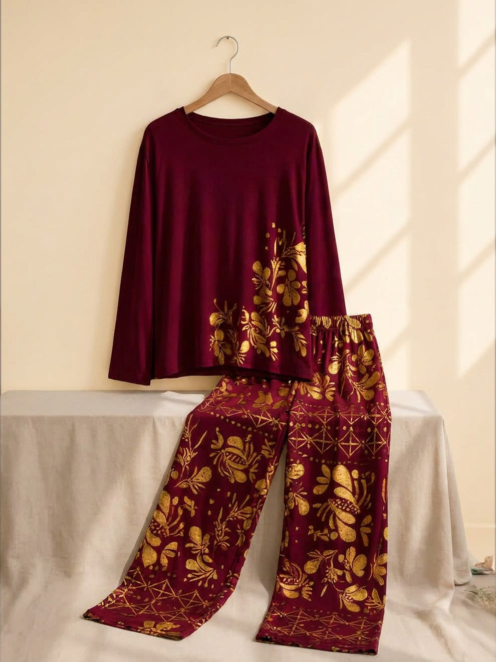 Burgundy Floral Printed 2 Piece Pajama Set for Women