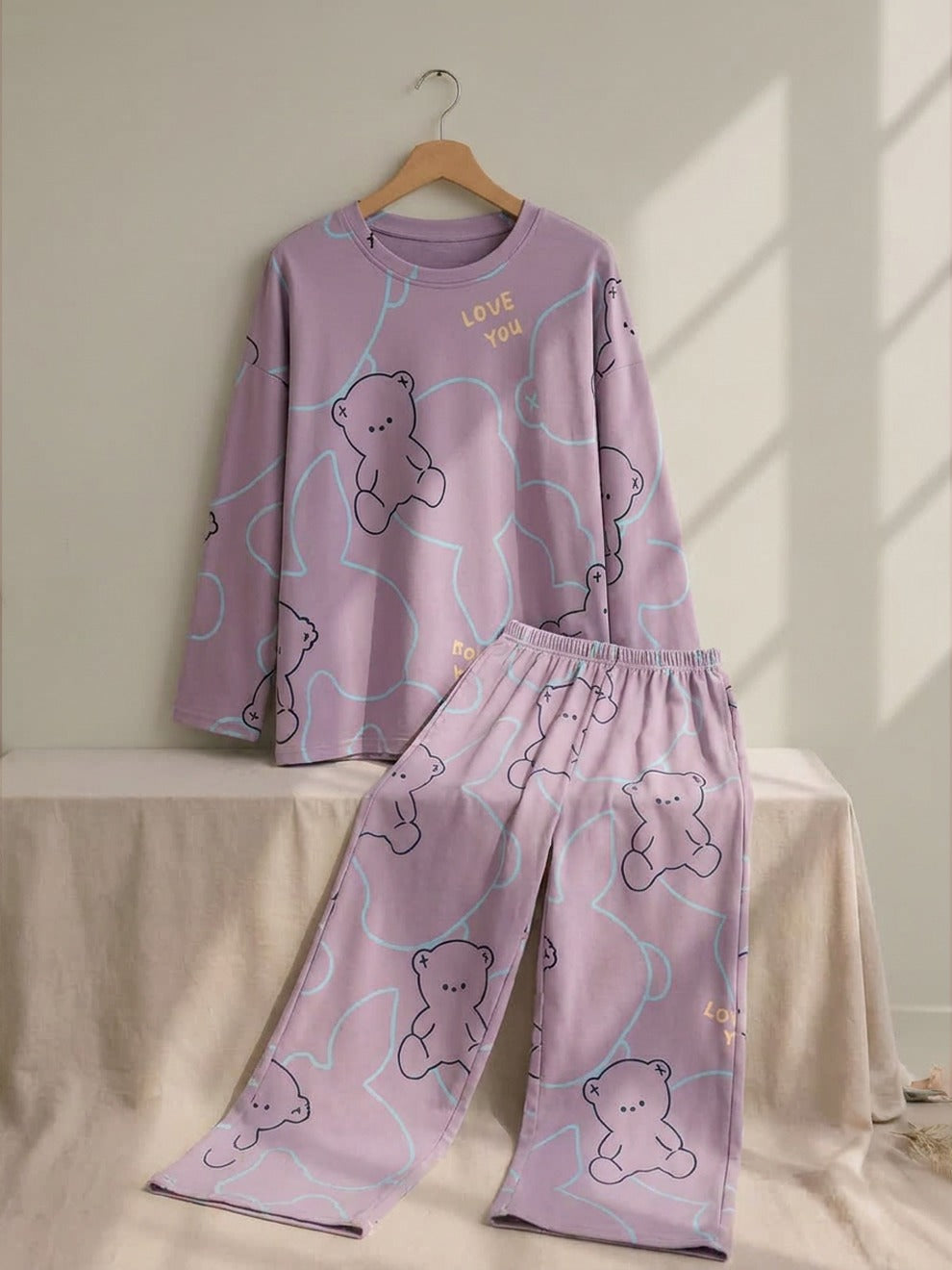 Cute Teddy Bear Printed 2 Piece Pajama Set for Women