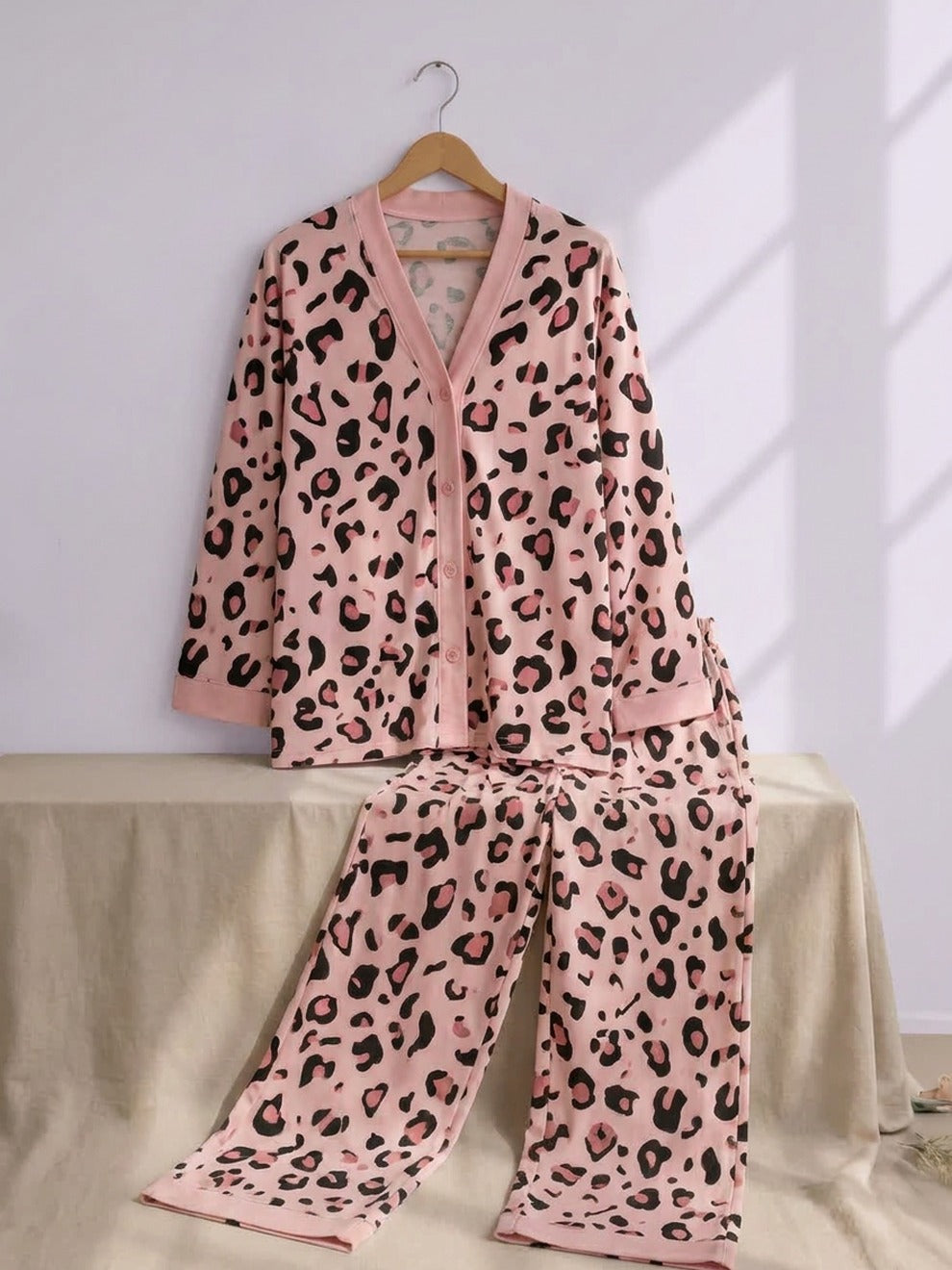 Pink Leopard Print 2 Piece Pajama Set for Women