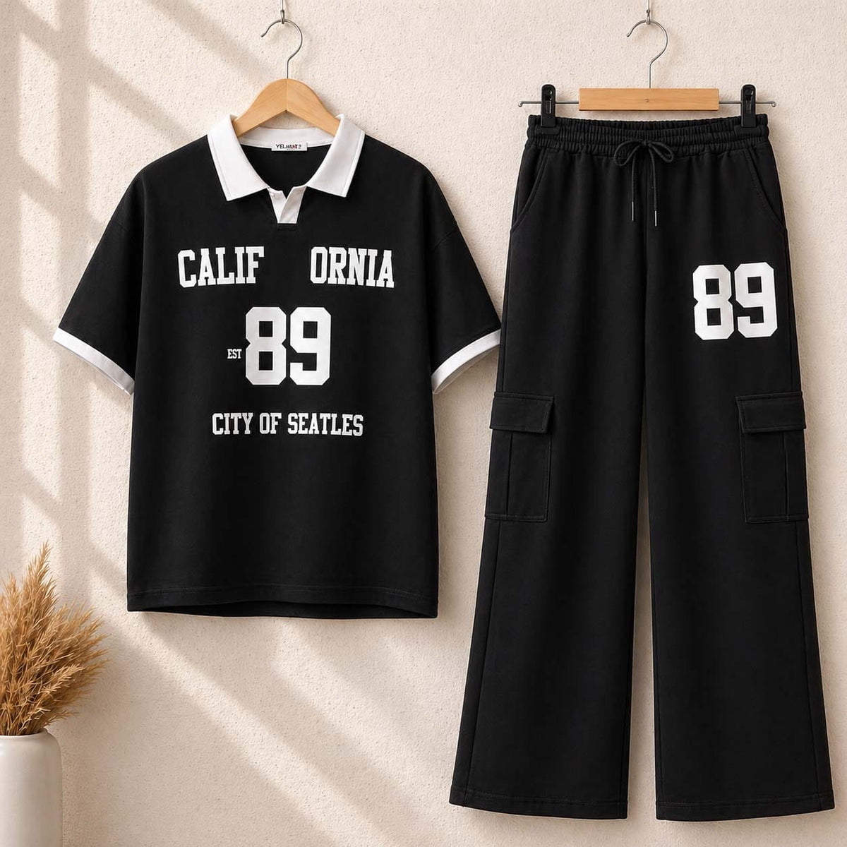 California 89 Polo Shirt and Cargo Pants Set black