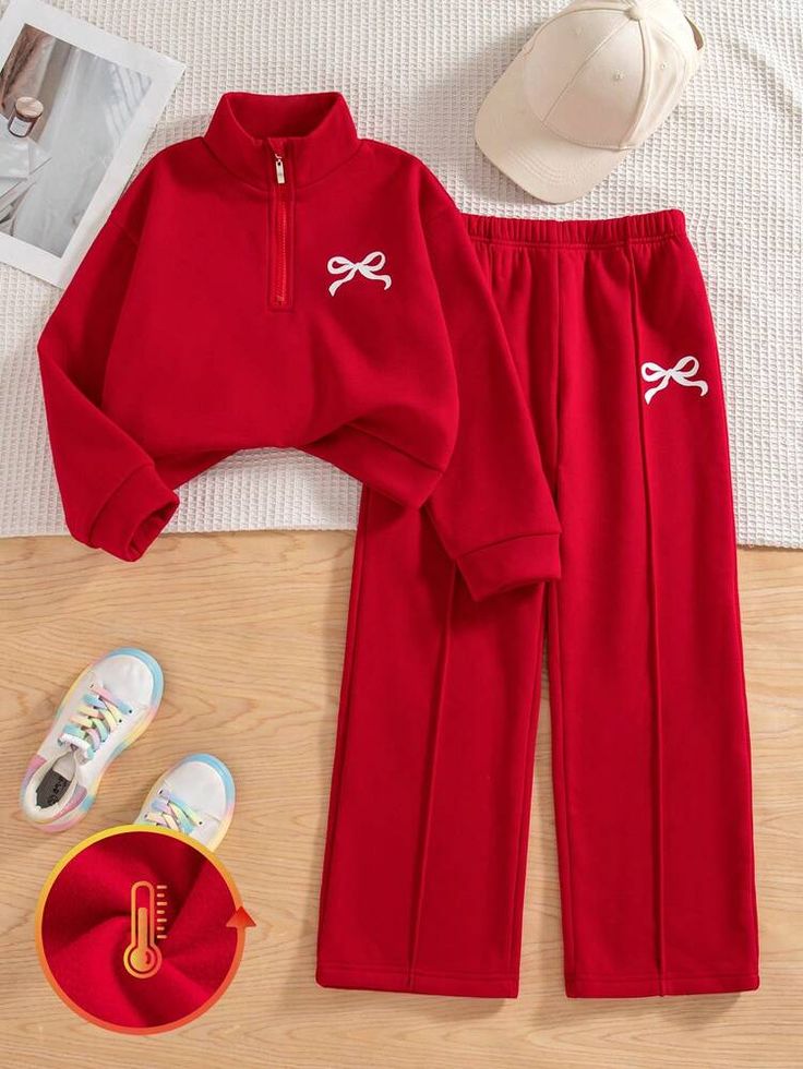 Bow Print Half Zip Sweatshirt and Pants set red