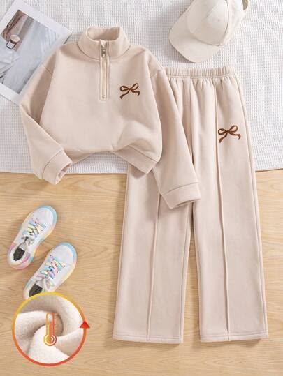 Bow Print Half Zip Sweatshirt and Pants Set beige