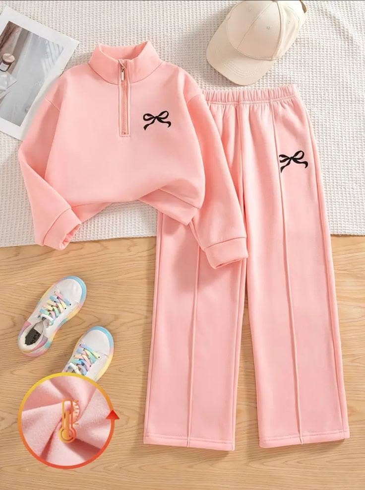 Bow Print Half Zip Sweatshirt and Pants Set pink