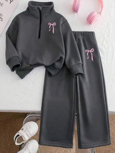 Bow Print Half Zip Sweatshirt and Pants set gray