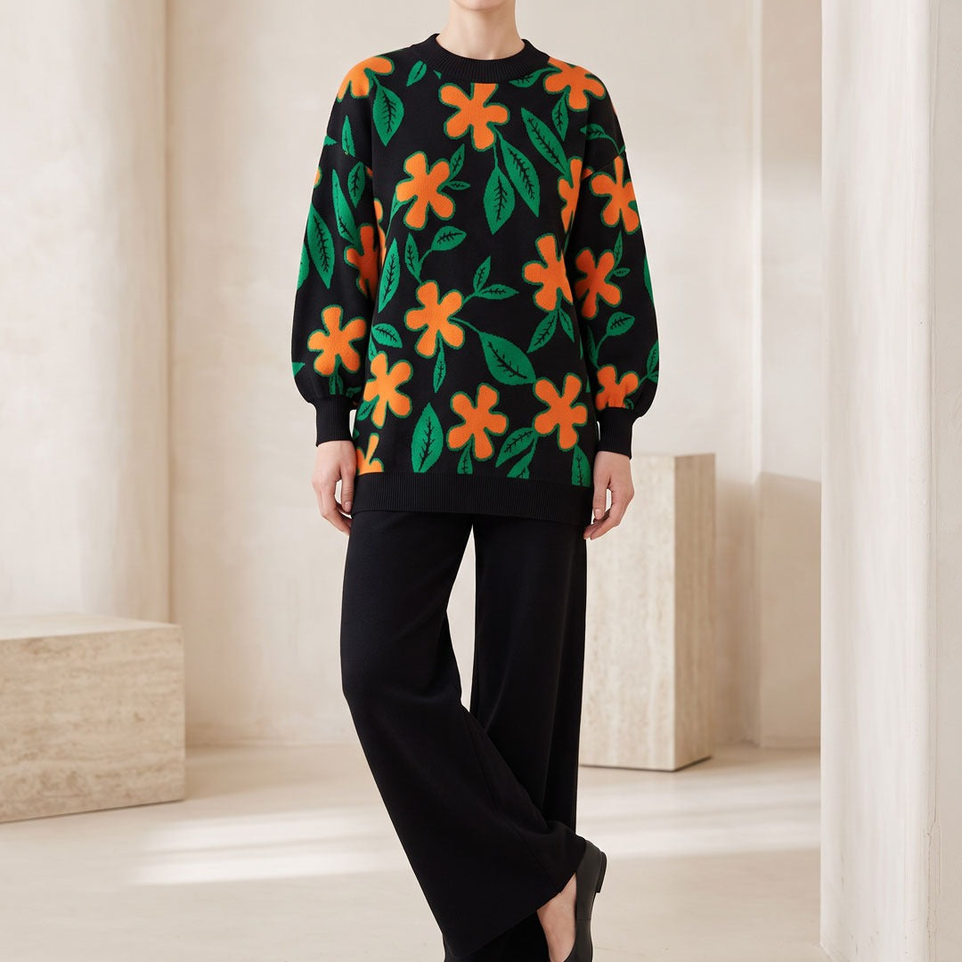 Floral Knit Co-Ord Set – Orange & Green Flower Print Sweater with Black Wide-Leg Pants