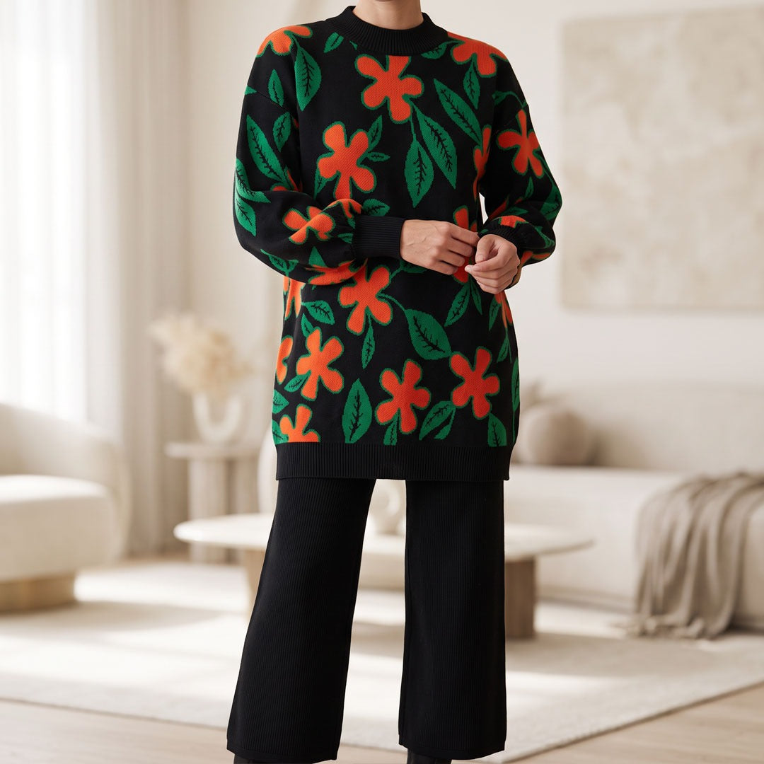 Floral Knit Co-Ord Set – Orange & Green Flower Print Sweater with Black Wide-Leg Pants