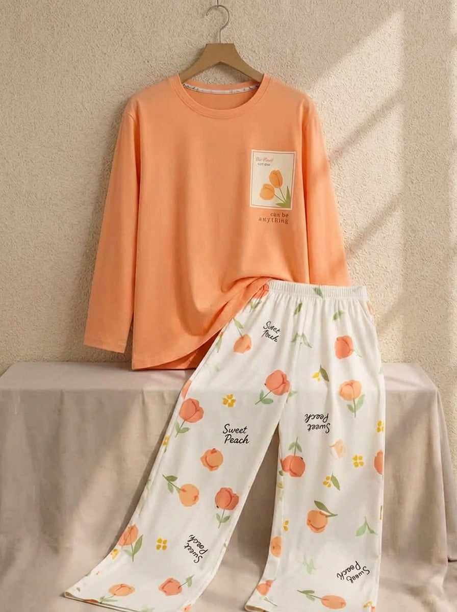 Peach Print Soft Night Suit.
