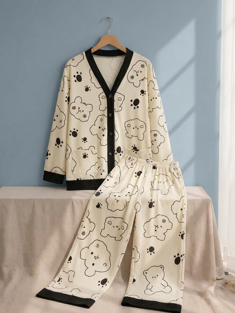 Cute Bear Print 2 Piece Pajama Set for Women