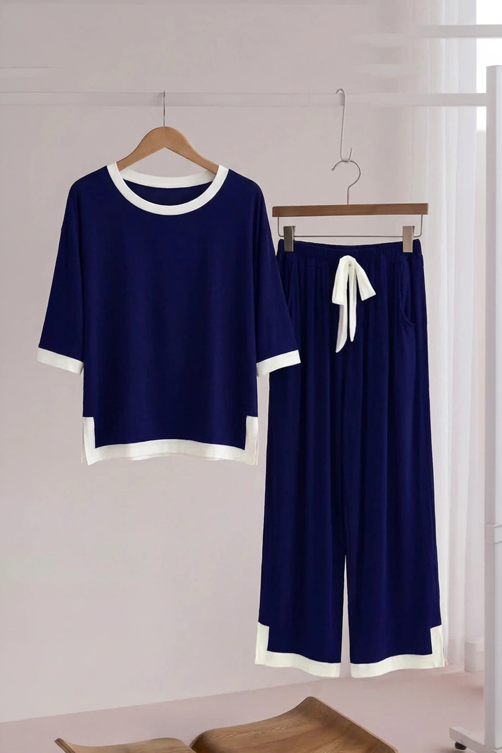Navy Blue White Round Neck Plazzo PJ Set
