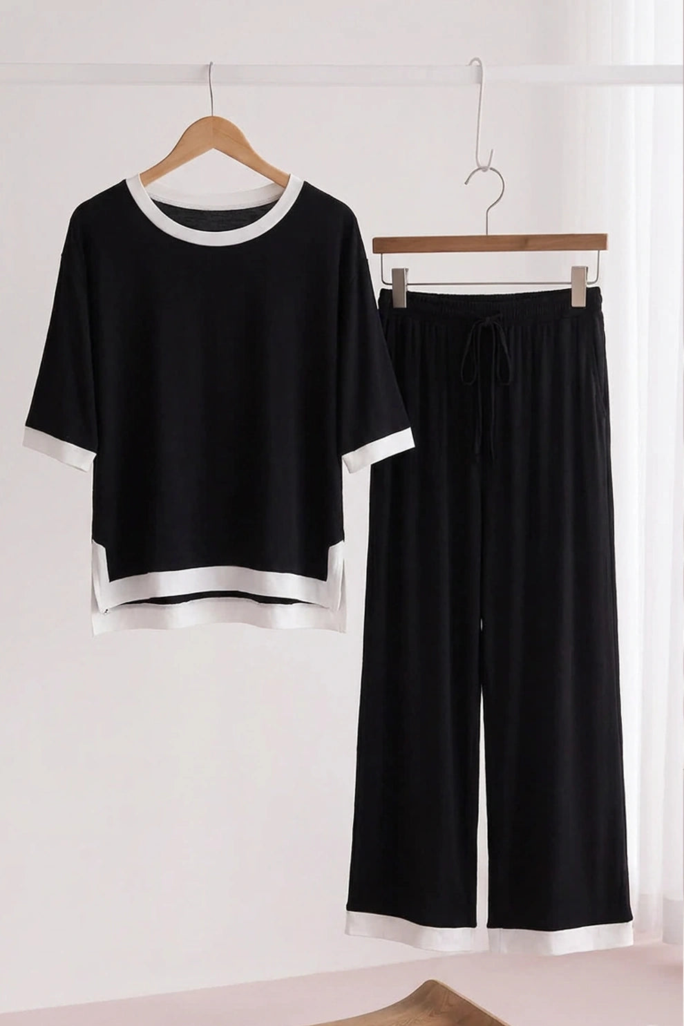 Black White Round Neck Plazzo PJ Set