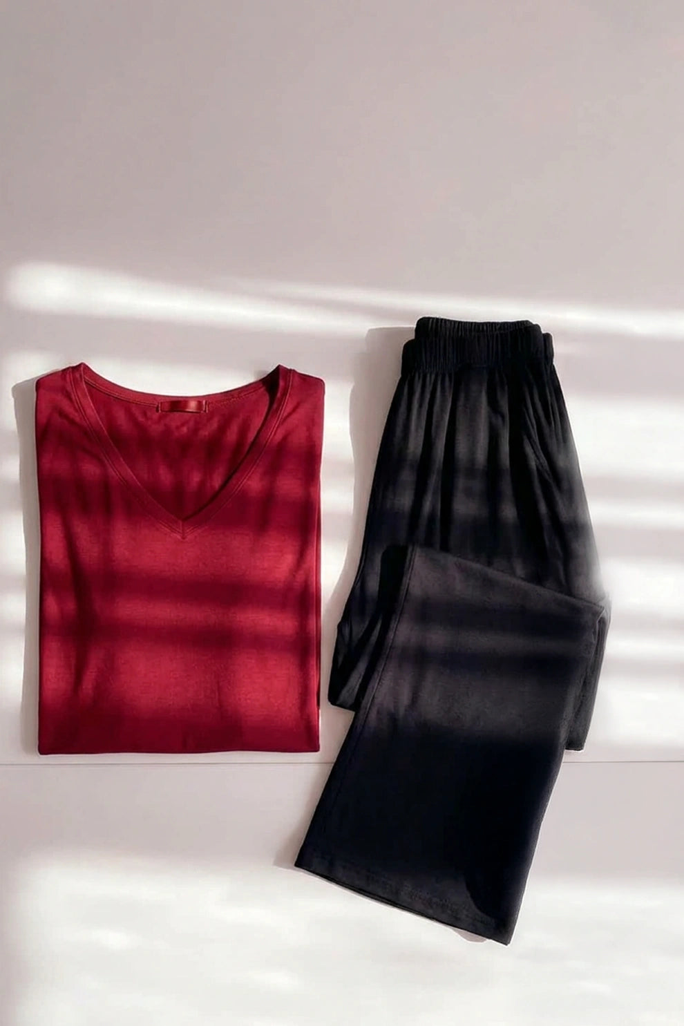 Plain Red V Neck T Shirt with Black Plazzo