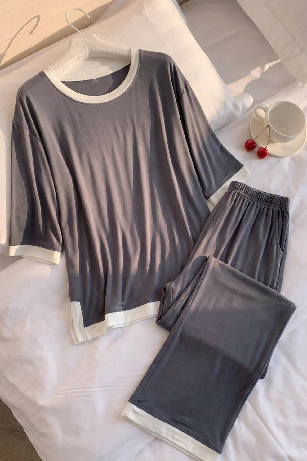 Grey White Round Neck Plazzo PJ Set