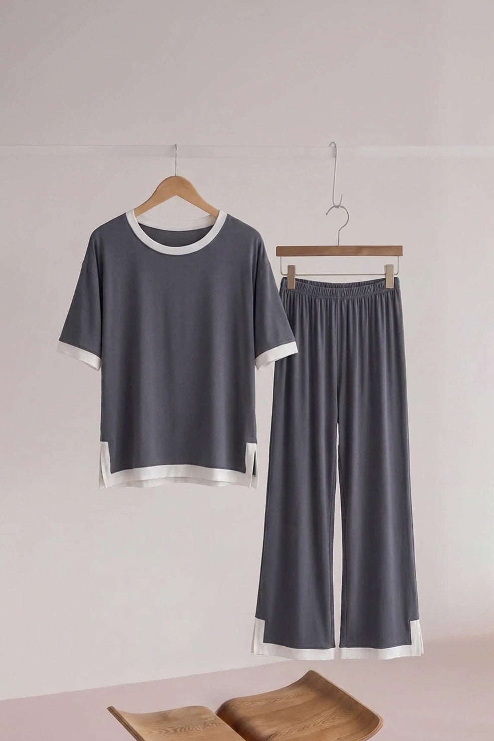 Grey White Round Neck Plazzo PJ Set