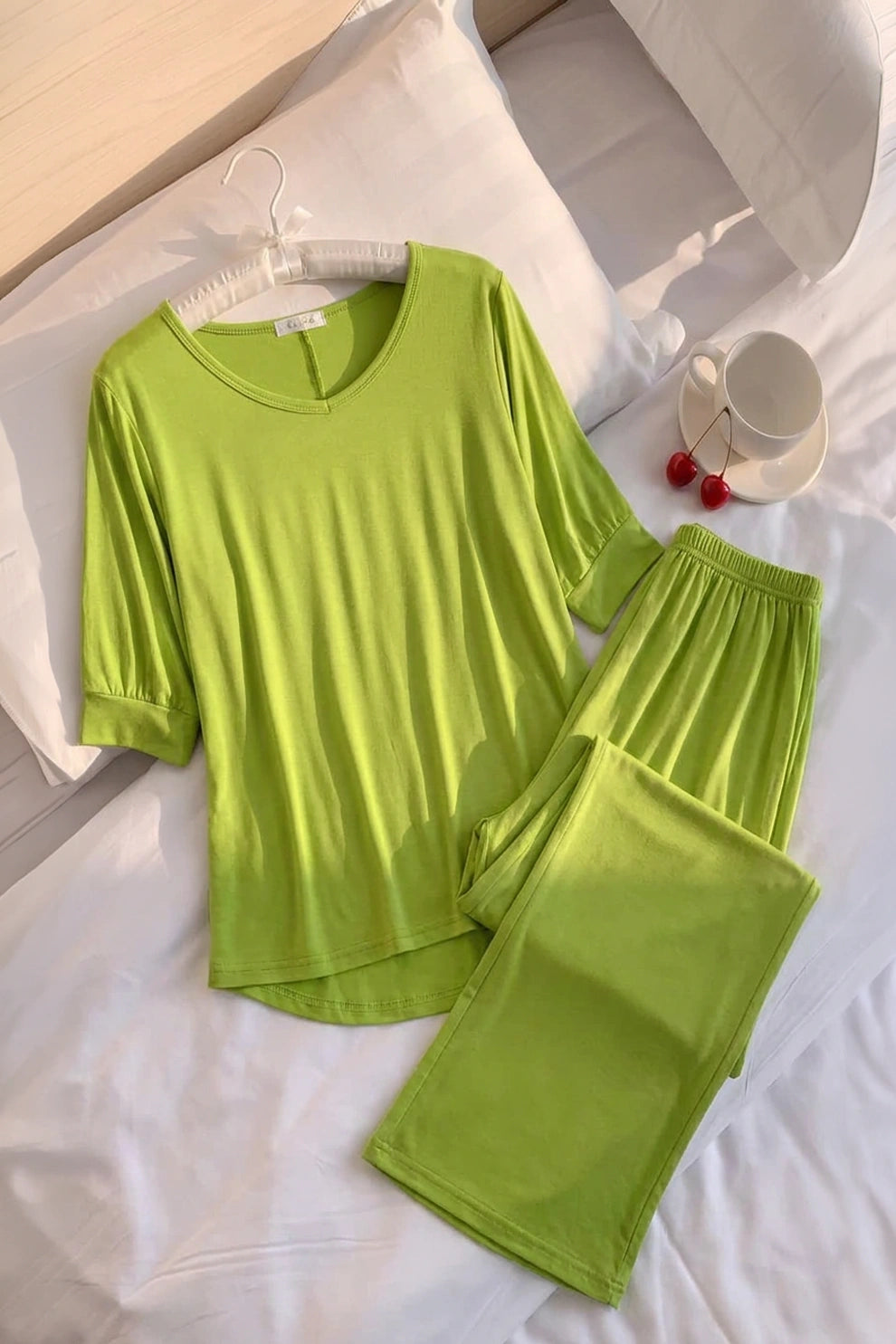 Lemon Green V-Neck Women Night Suit PJ Set