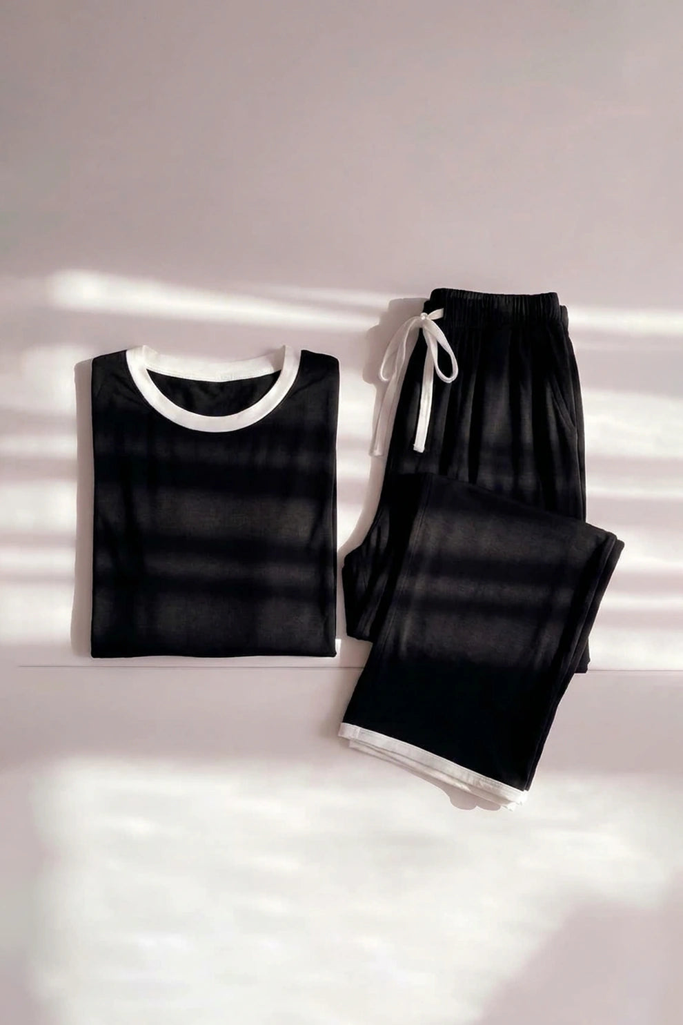 Plain Black Tshirt With White Round Neck And PLazo Pajama (Half Seeleve)