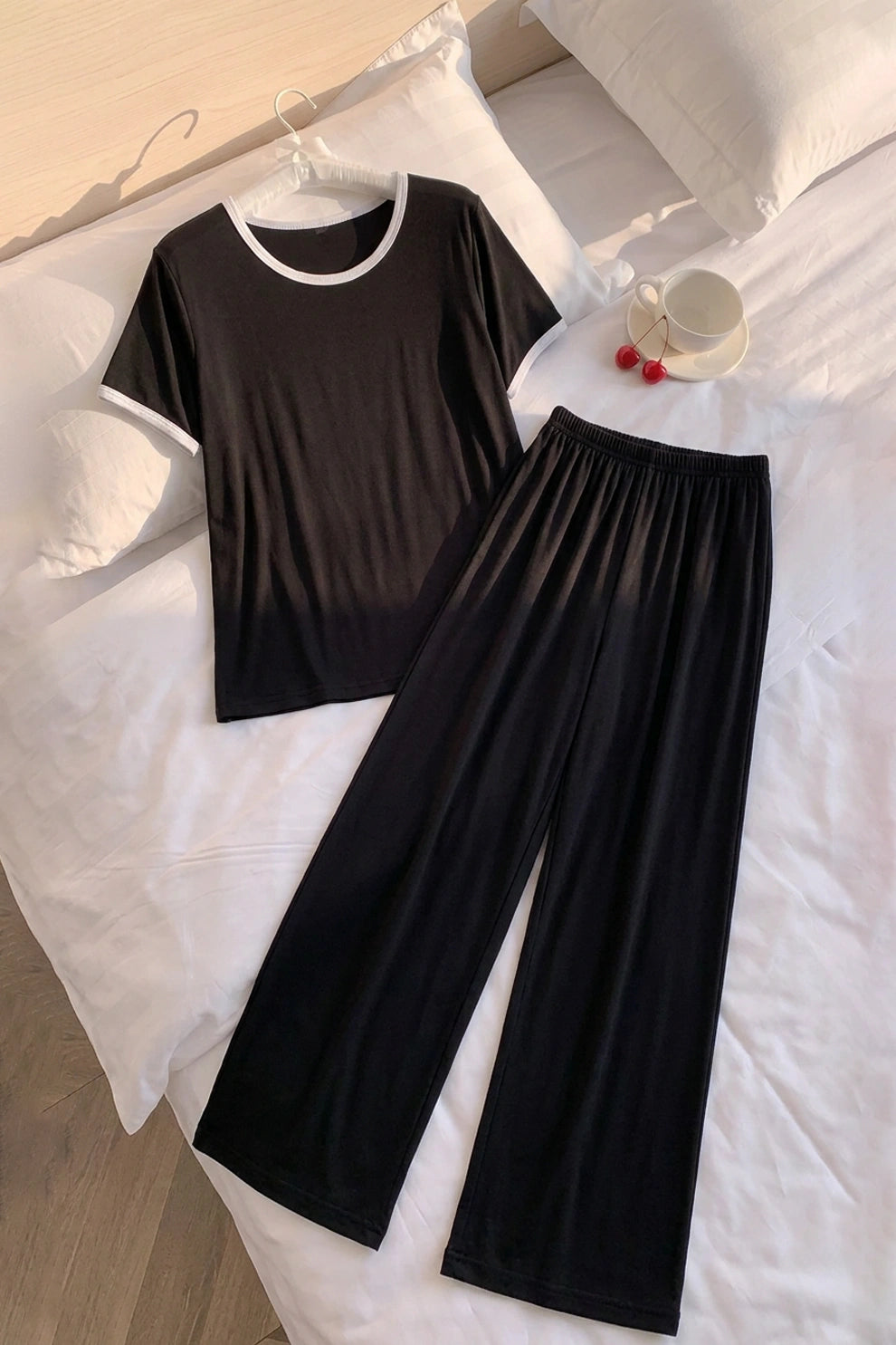 Plain Black Tshirt With White Round Neck And PLazo Pajama (Half Seeleve)