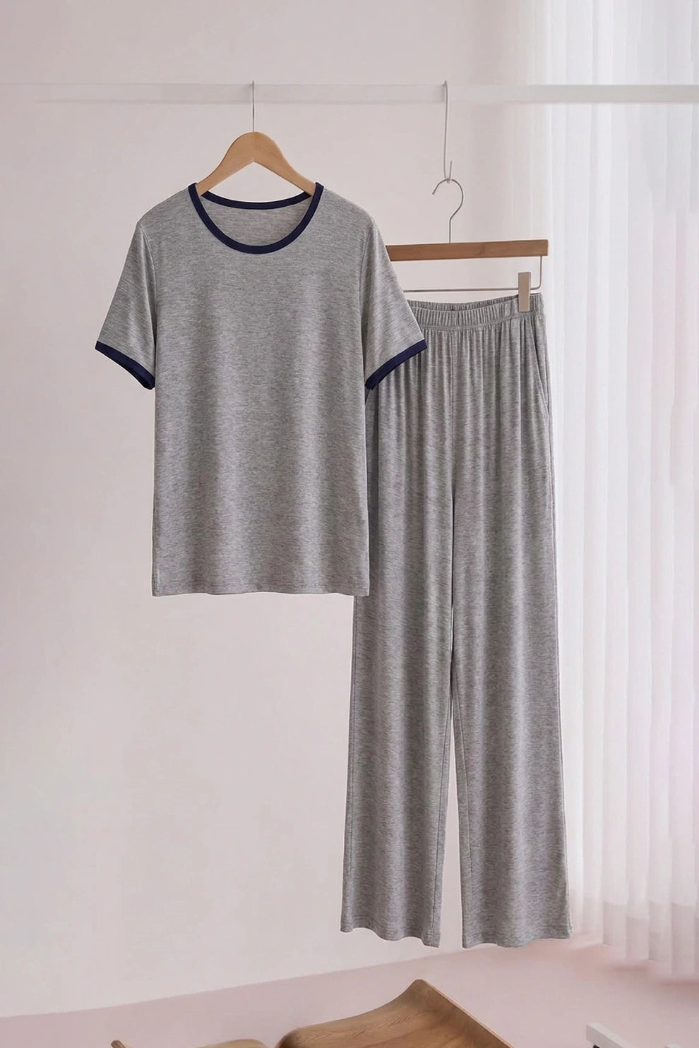 Plain Grey Tshirt With Black Round Neck And PLazo Pajama (Half Seeleve)