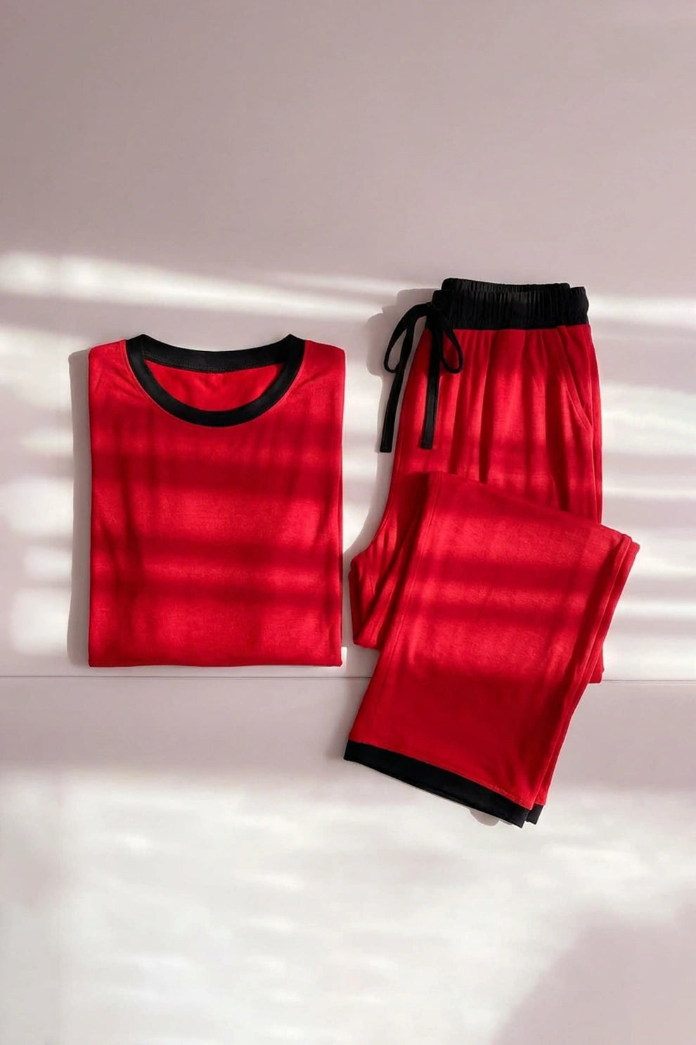 Plain Red Tshirt With Black Round Neck And PLazo Pajama (Half Seeleve)