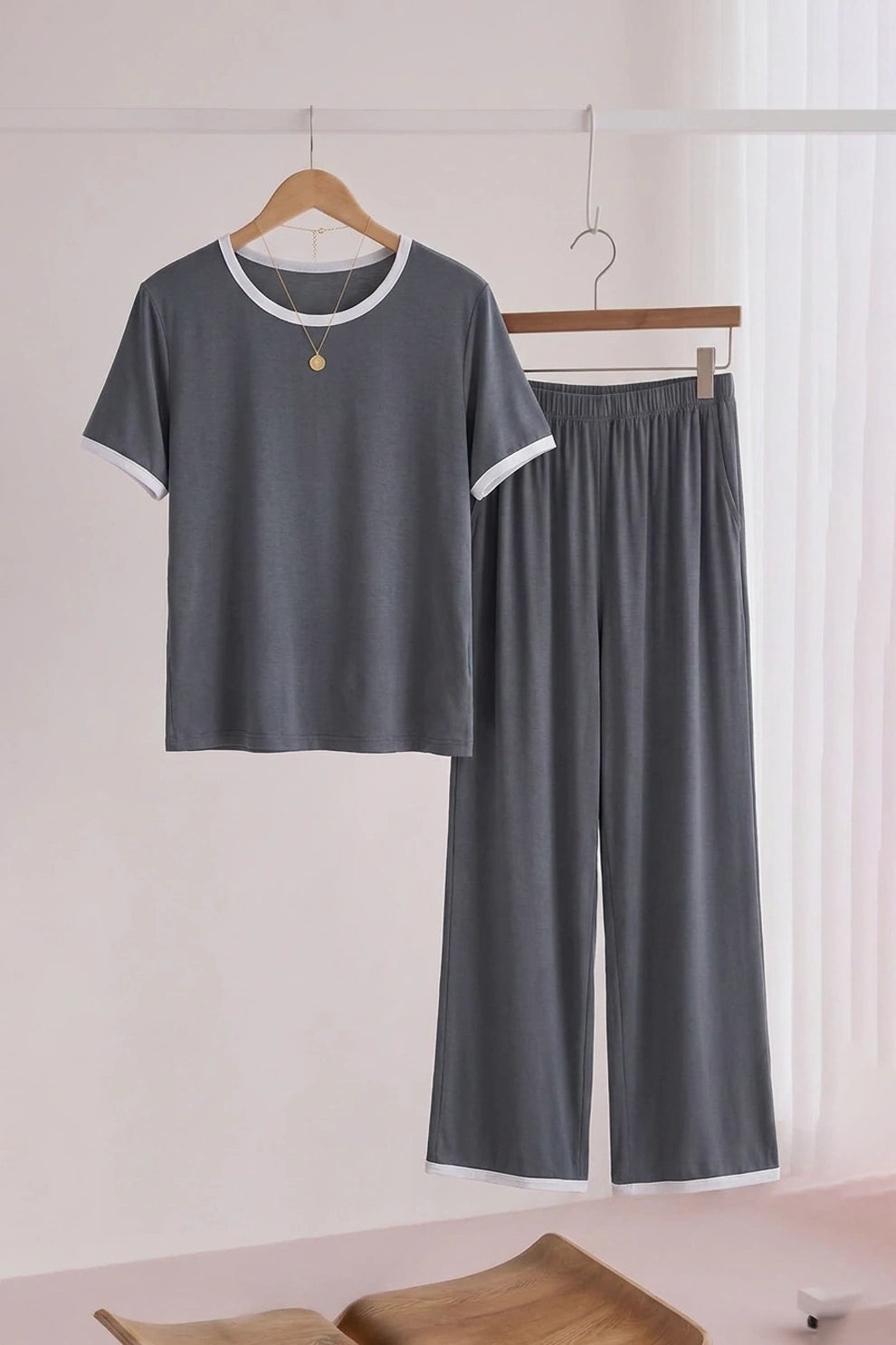 Plain Grey Tshirt With White Round Neck And PLazo Pajama (Half Seeleve)