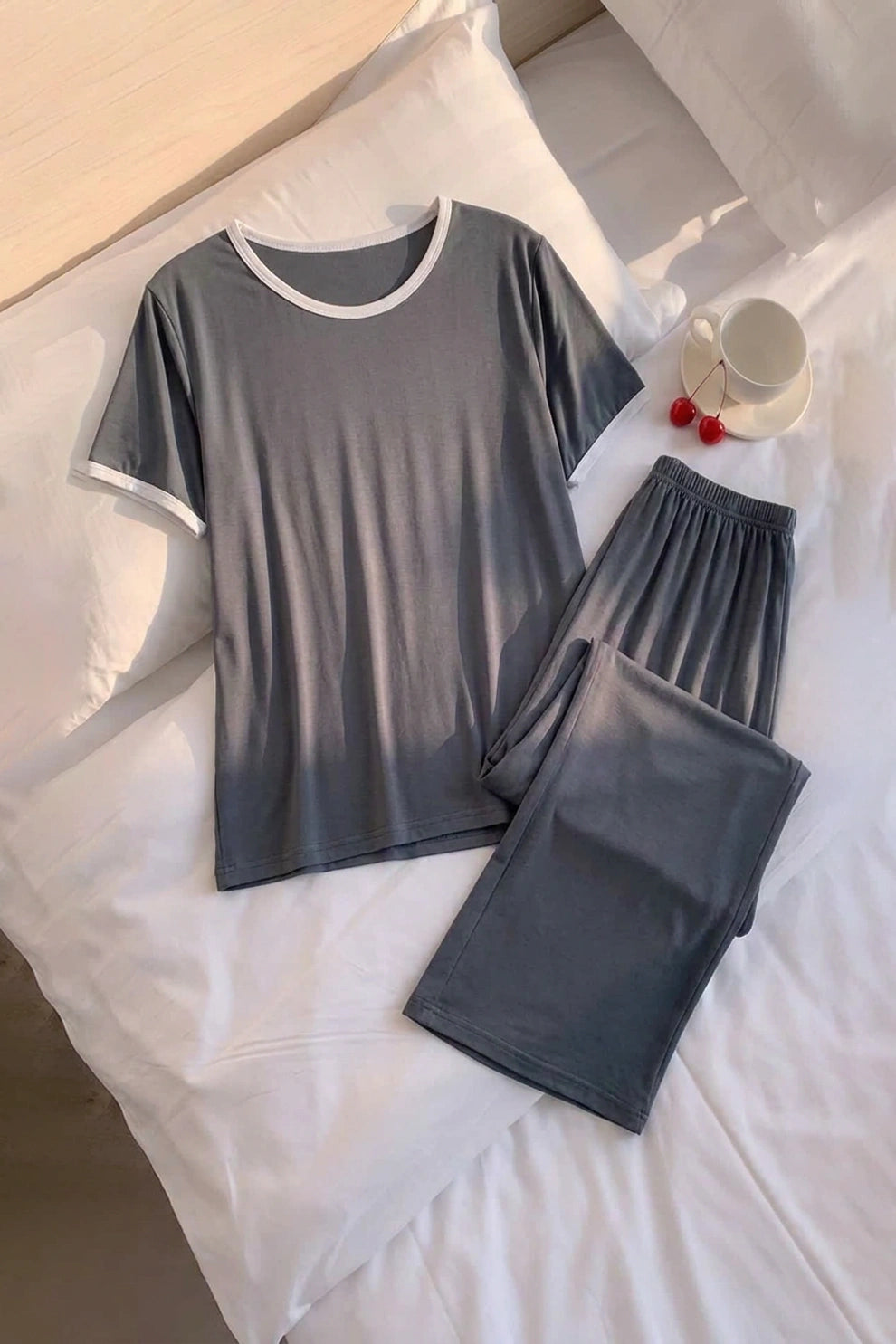 Plain Grey Tshirt With White Round Neck And PLazo Pajama (Half Seeleve)